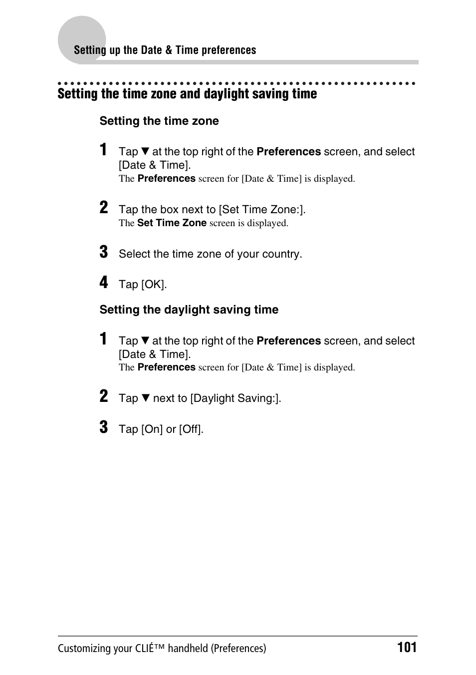Setting the time zone and daylight saving time | Sony CLIE PEG-TJ35 User Manual | Page 101 / 190
