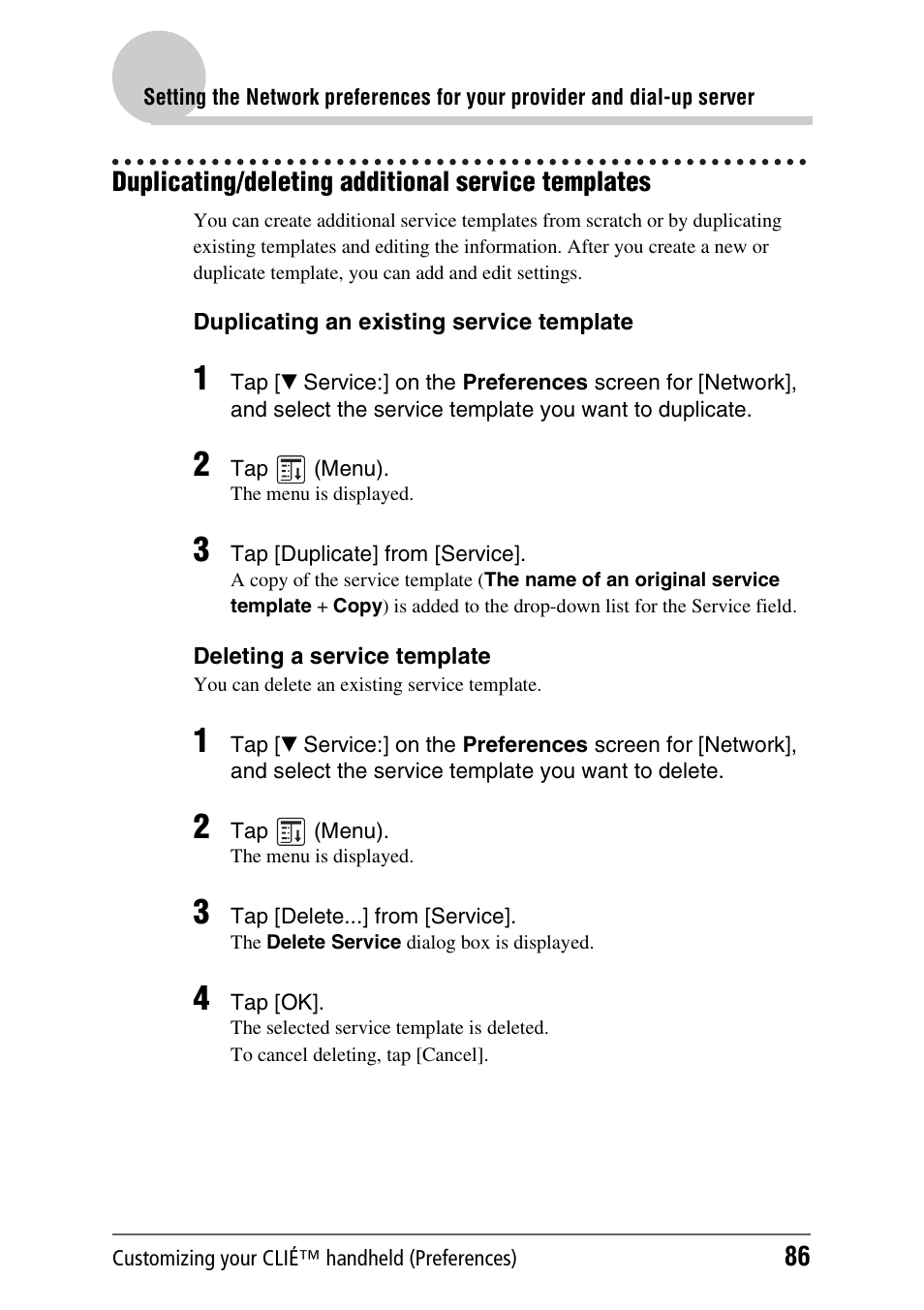 Duplicating/deleting additional service templates | Sony CLIE PEG-TJ35 User Manual | Page 86 / 190