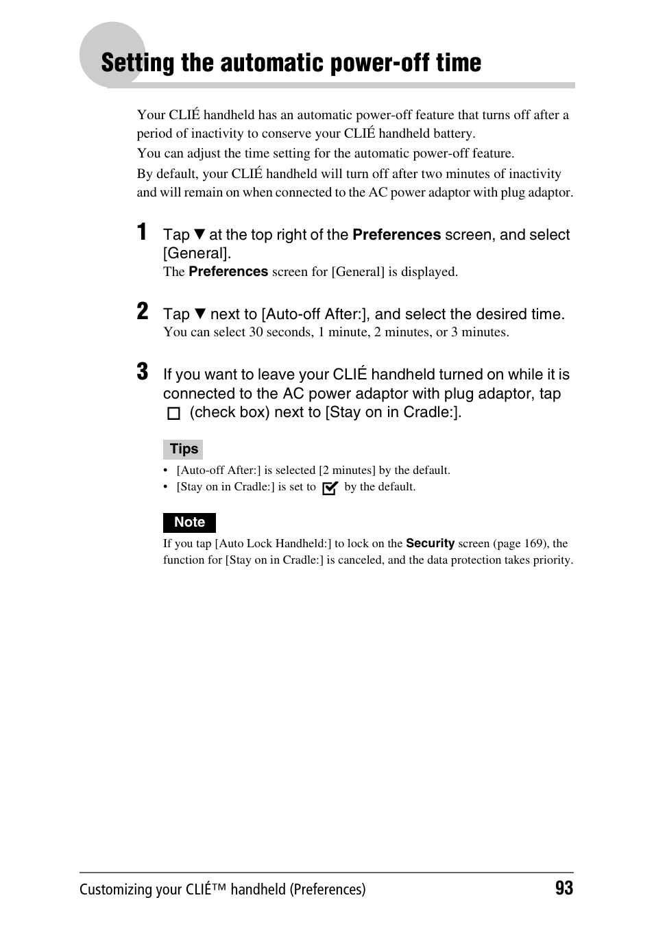 Setting the automatic power-off time, S 93 t | Sony CLIE PEG-TJ35 User Manual | Page 93 / 190