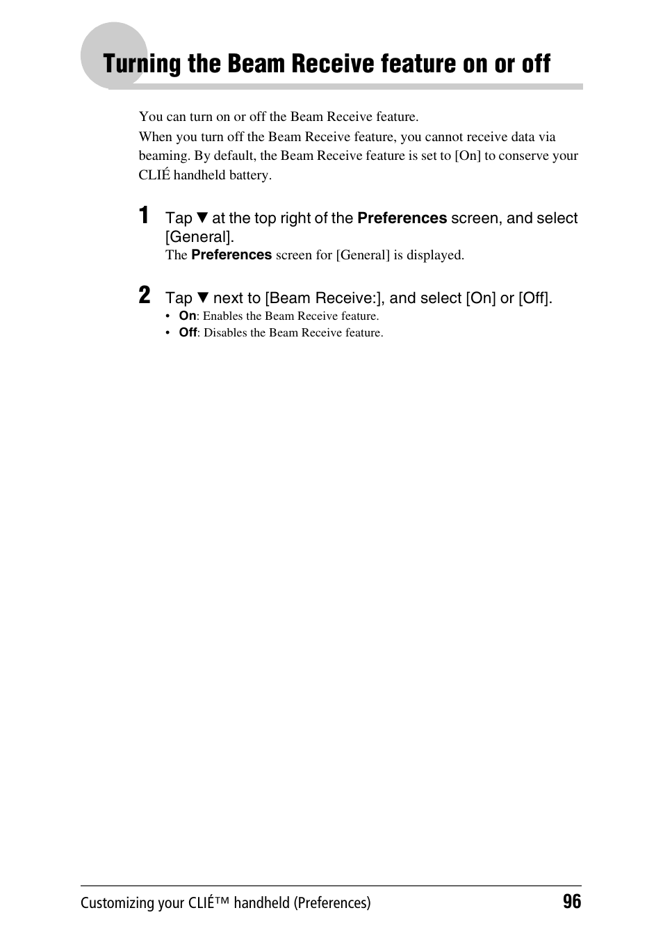 Turning the beam receive feature on or off | Sony CLIE PEG-TJ35 User Manual | Page 96 / 190