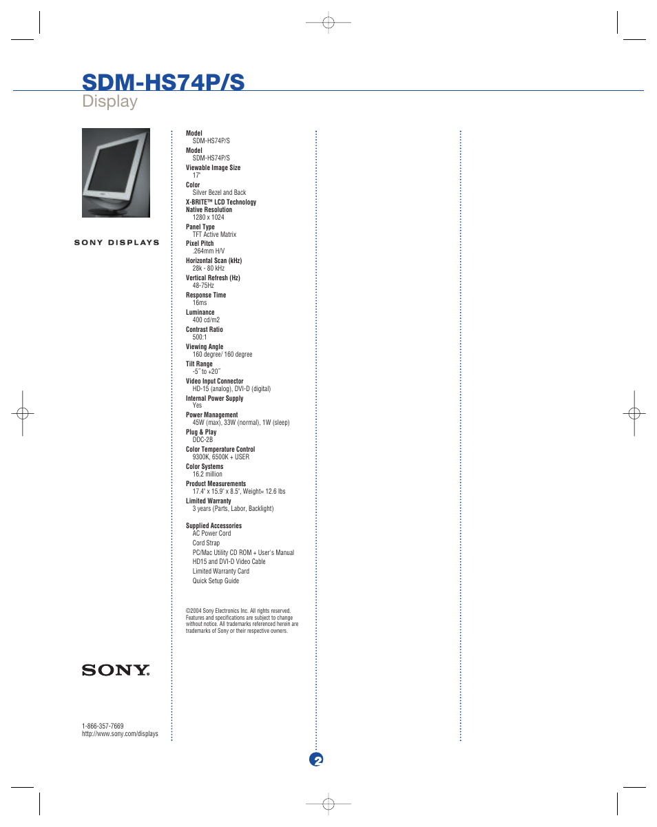 Sdm-hs74p/s, Display | Sony XBRITE SDM-HS74P User Manual | Page 2 / 2