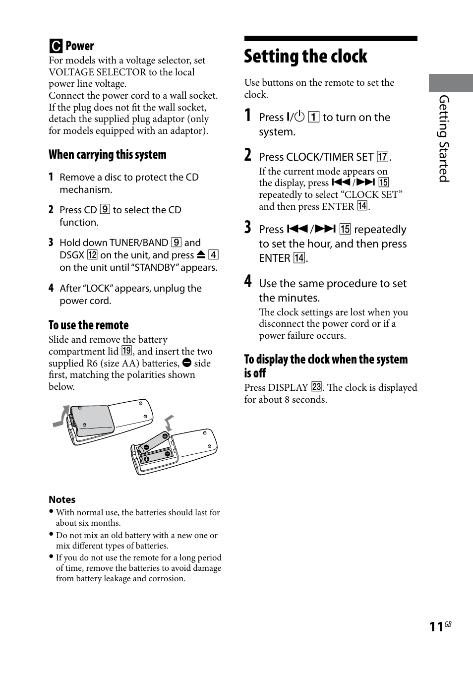 Setting the clock, Getting s tar ted  power, When carrying this system | Sony CMT-BX3R User Manual | Page 11 / 32