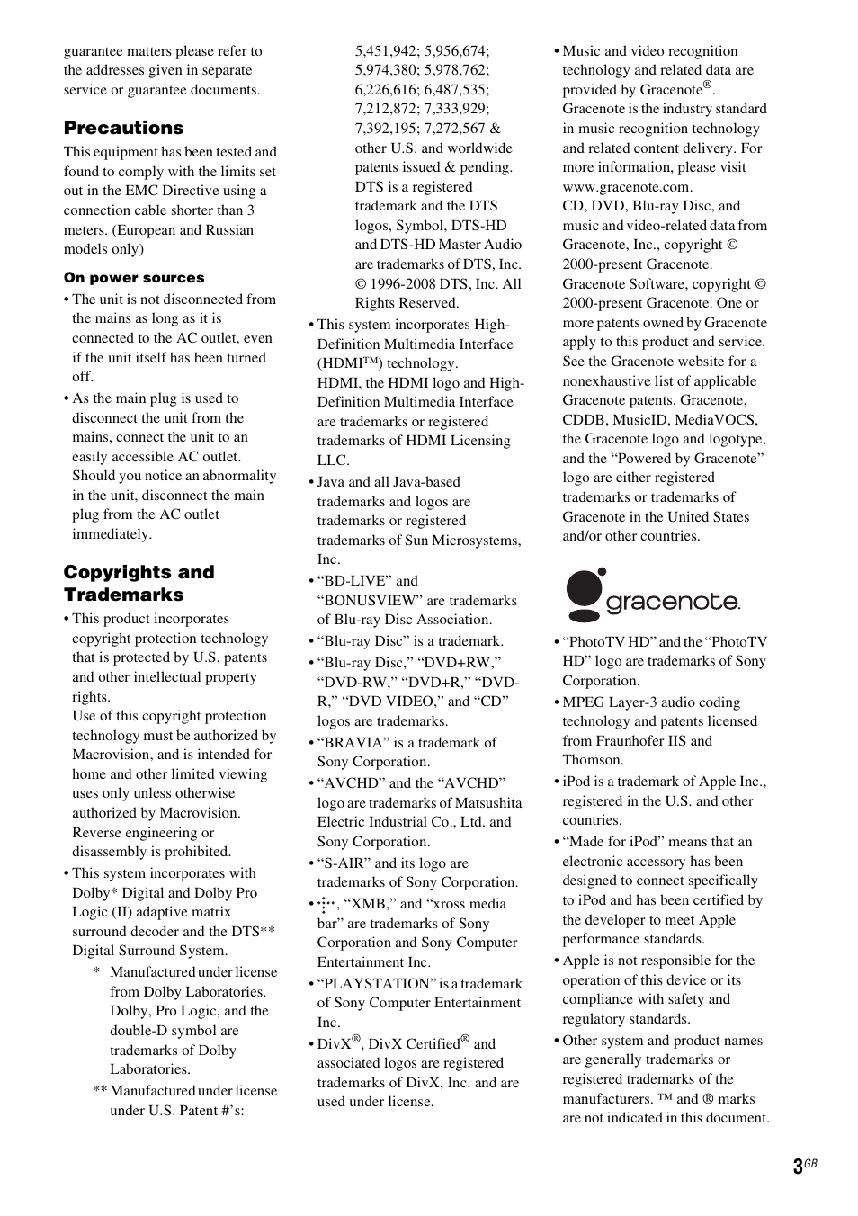 Precautions, Copyrights and trademarks | Sony 4-178-247-11(1) User Manual | Page 3 / 76
