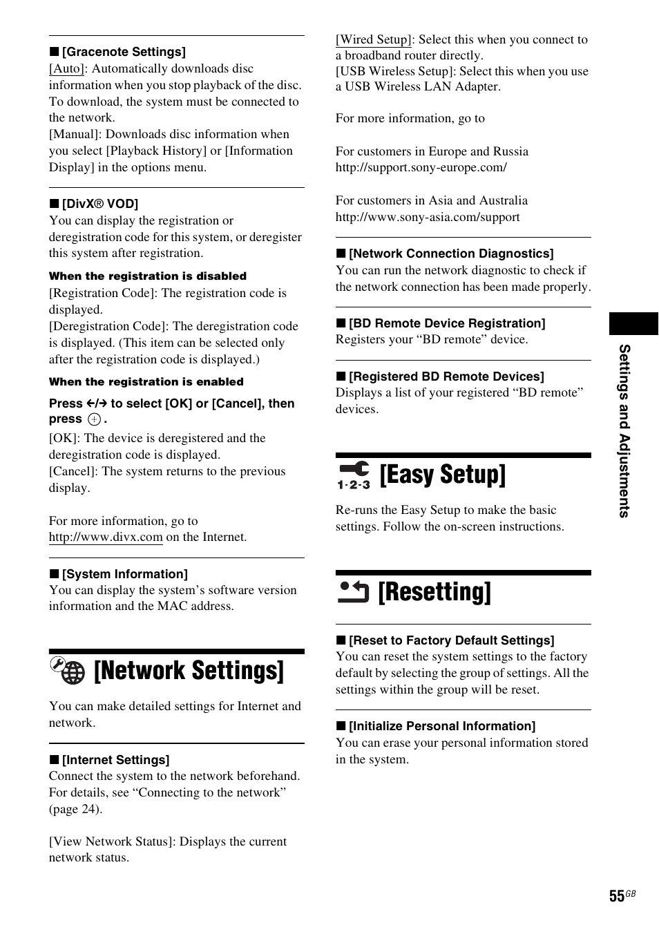 Network settings, Easy setup, Resetting | Network settings] [easy setup] [resetting | Sony 4-178-247-11(1) User Manual | Page 55 / 76