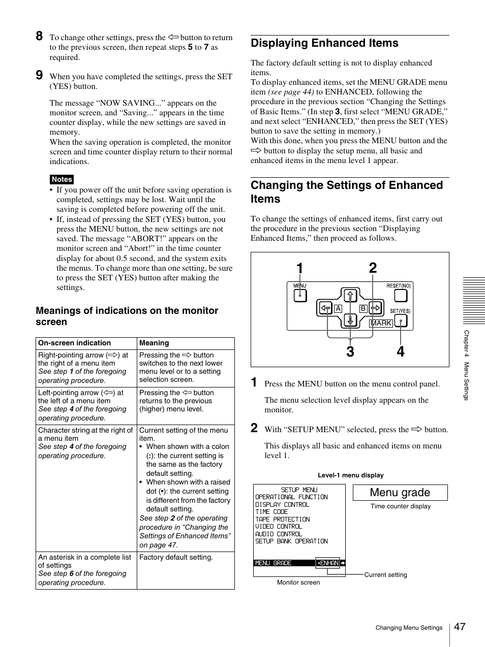 Displaying enhanced items, Changing the settings of enhanced items, Menu grade | Meanings of indications on the monitor screen | Sony 3-869-574-12(1) User Manual | Page 47 / 73