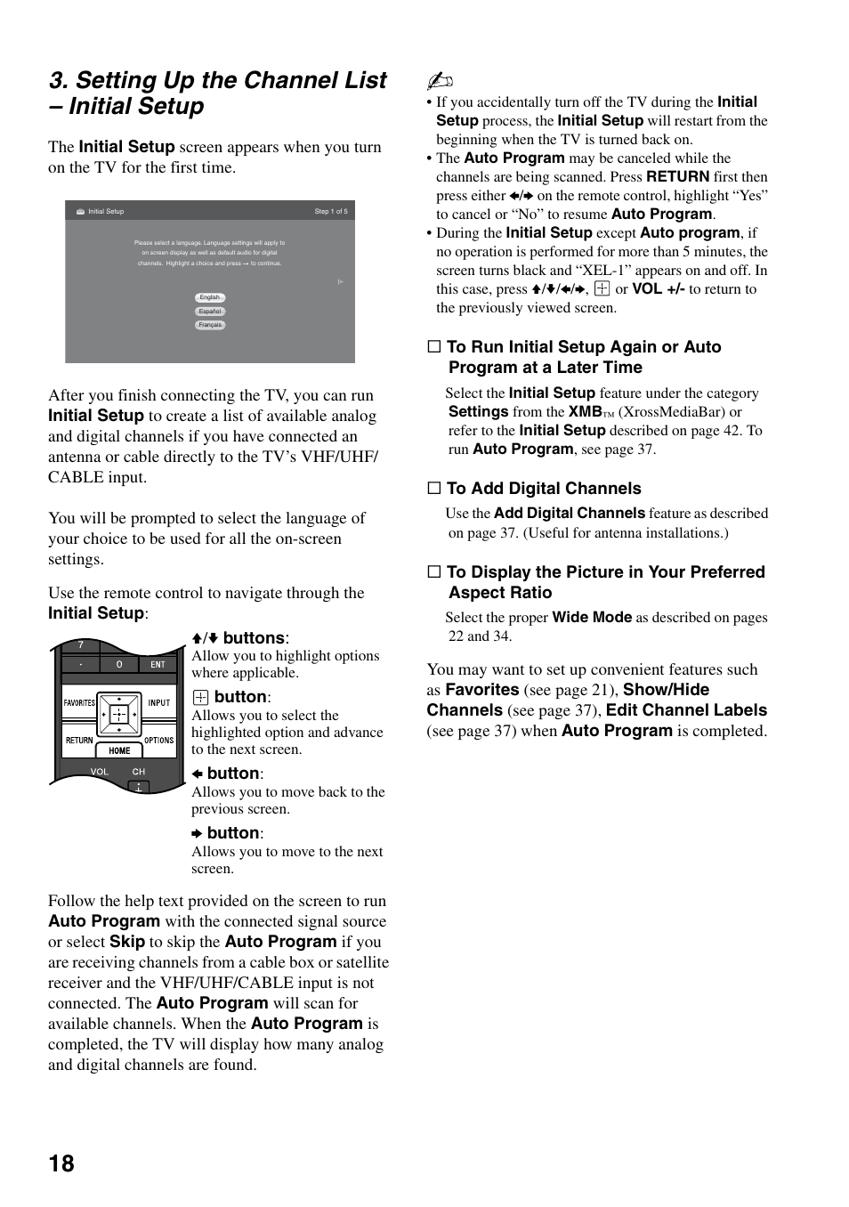 Setting up the channel list - initial setup, Setting up the channel list, Initial setup | 18 3. setting up the channel list – initial setup | Sony XEL-1 User Manual | Page 18 / 52