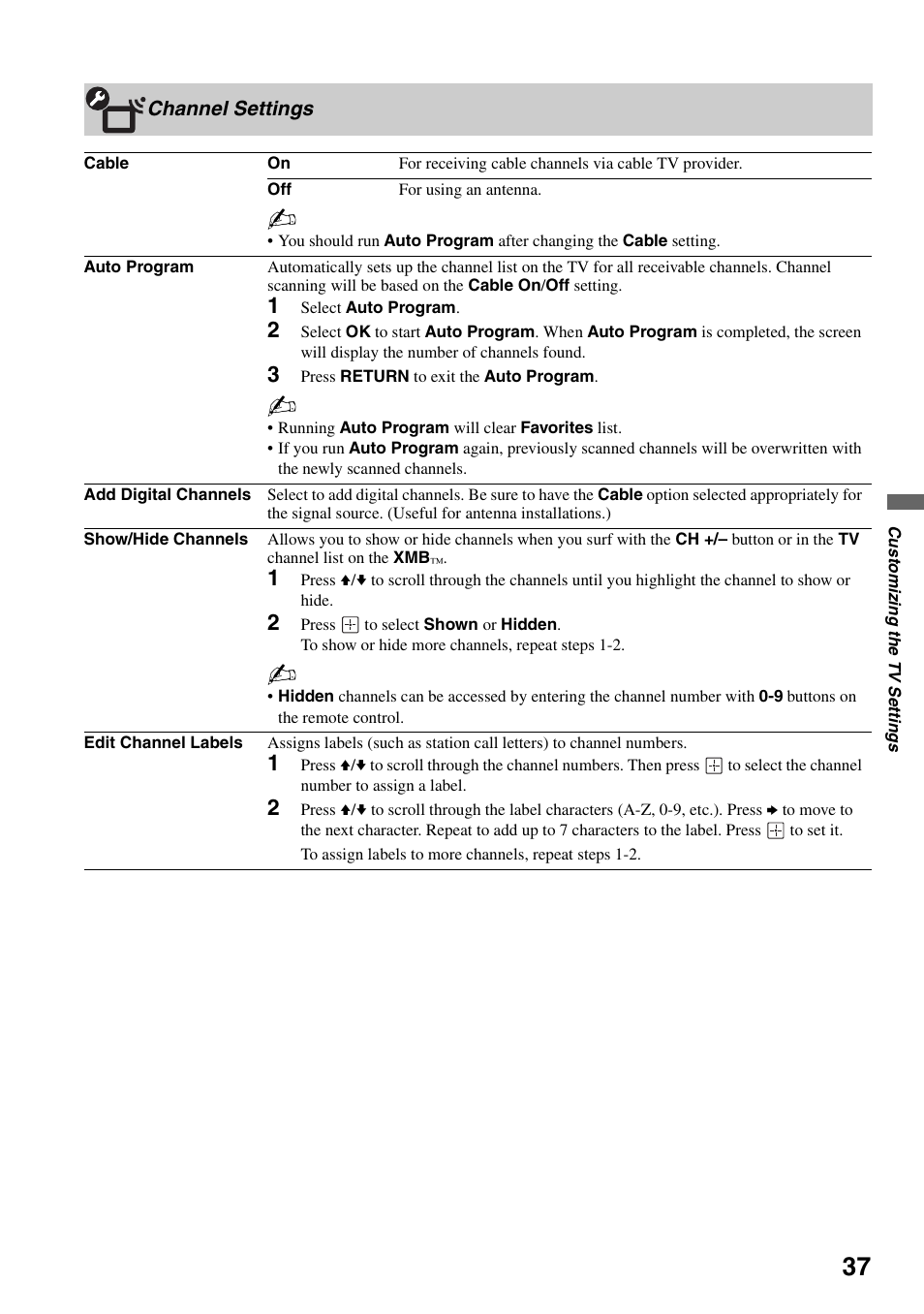 Channel settings | Sony XEL-1 User Manual | Page 37 / 52