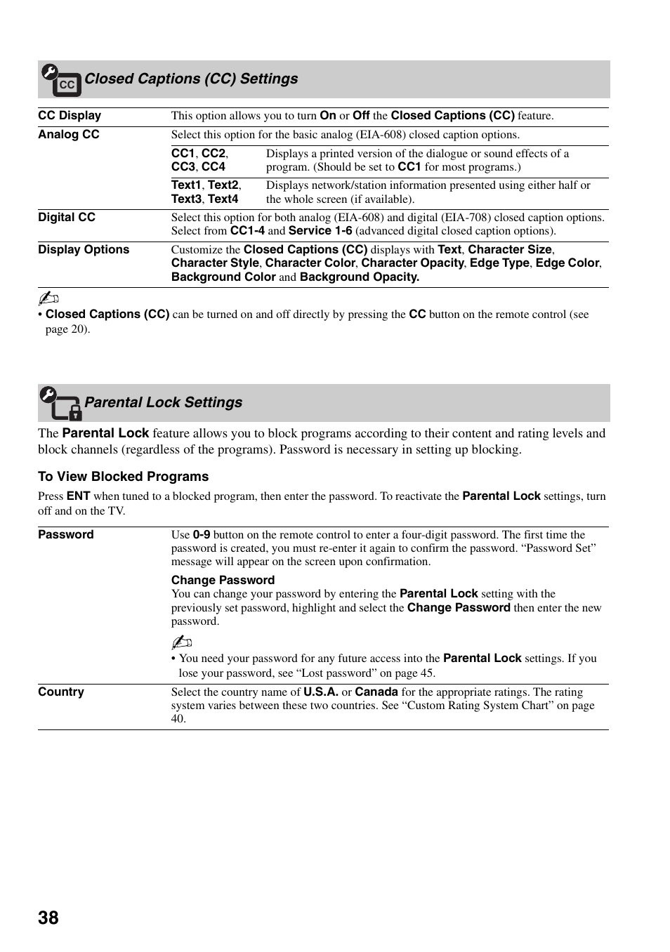 Closed captions (cc) settings, Parental lock settings | Sony XEL-1 User Manual | Page 38 / 52