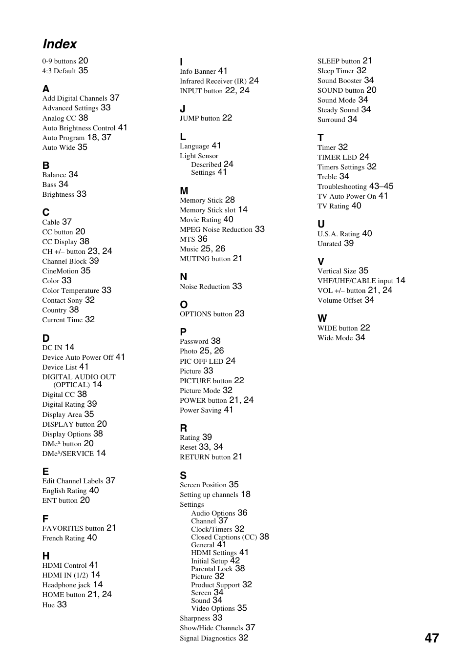 Index, 47 index | Sony XEL-1 User Manual | Page 47 / 52