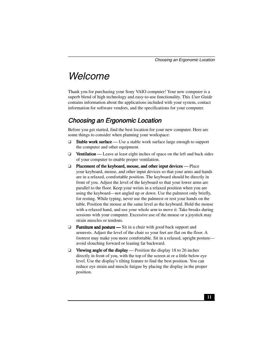 Welcome, Choosing an ergonomic location | Sony PCV-R556DS User Manual | Page 11 / 62