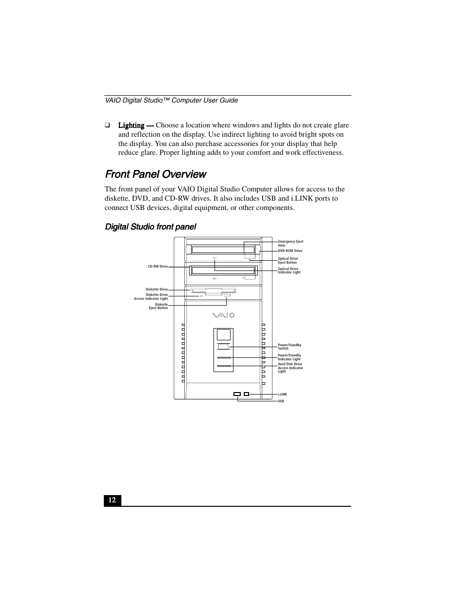 Front panel overview, Digital studio front panel | Sony PCV-R556DS User Manual | Page 12 / 62