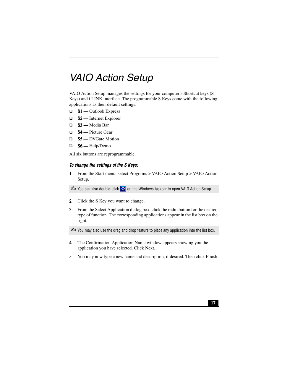 Vaio action setup | Sony PCV-R556DS User Manual | Page 17 / 62