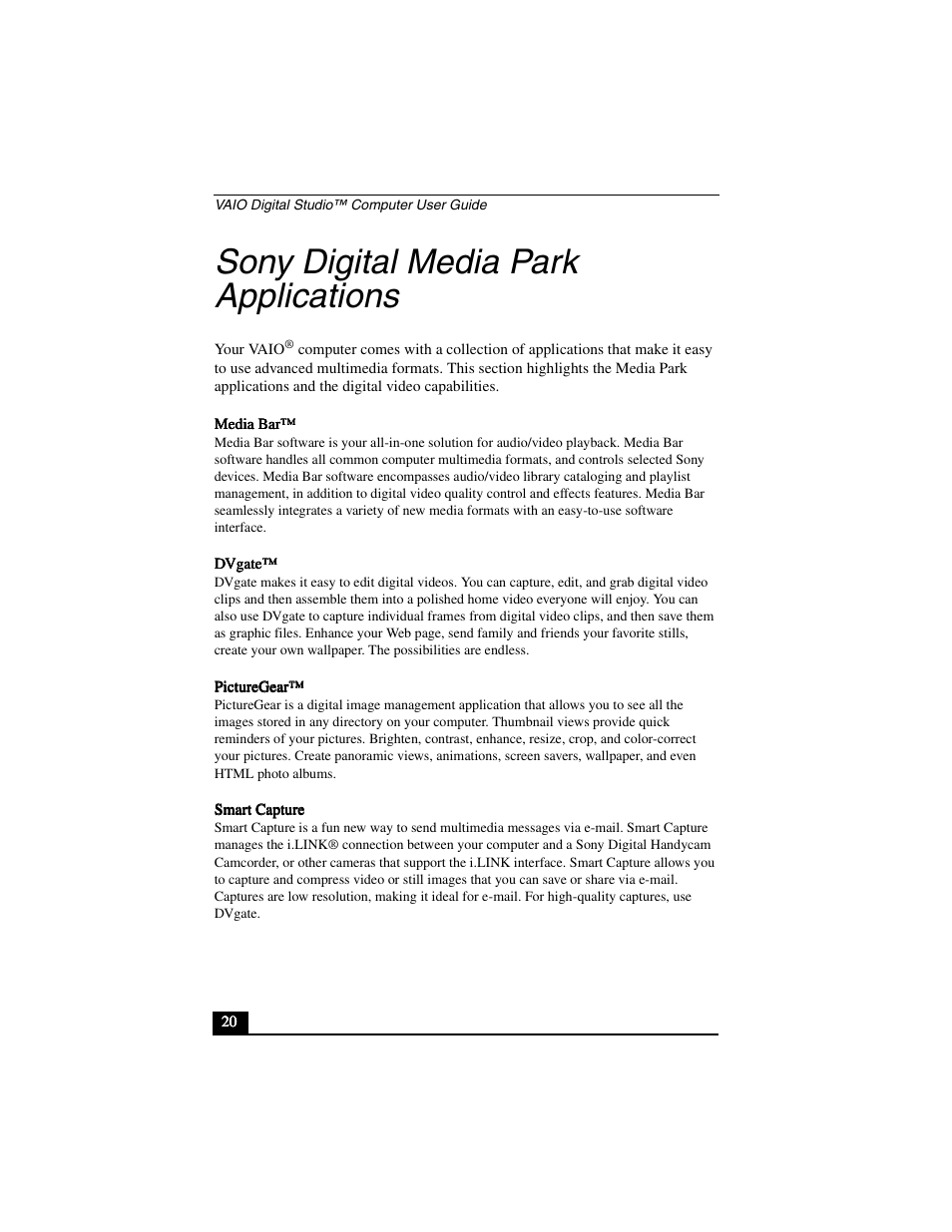 Sony digital media park applications | Sony PCV-R556DS User Manual | Page 20 / 62