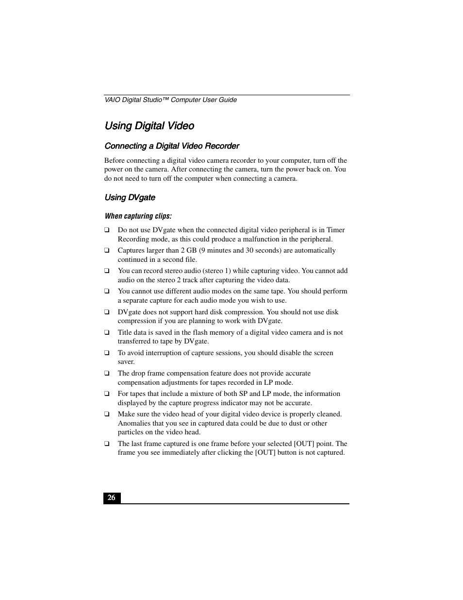 Using digital video, Connecting a digital video recorder using dvgate, Using | Sony PCV-R556DS User Manual | Page 26 / 62
