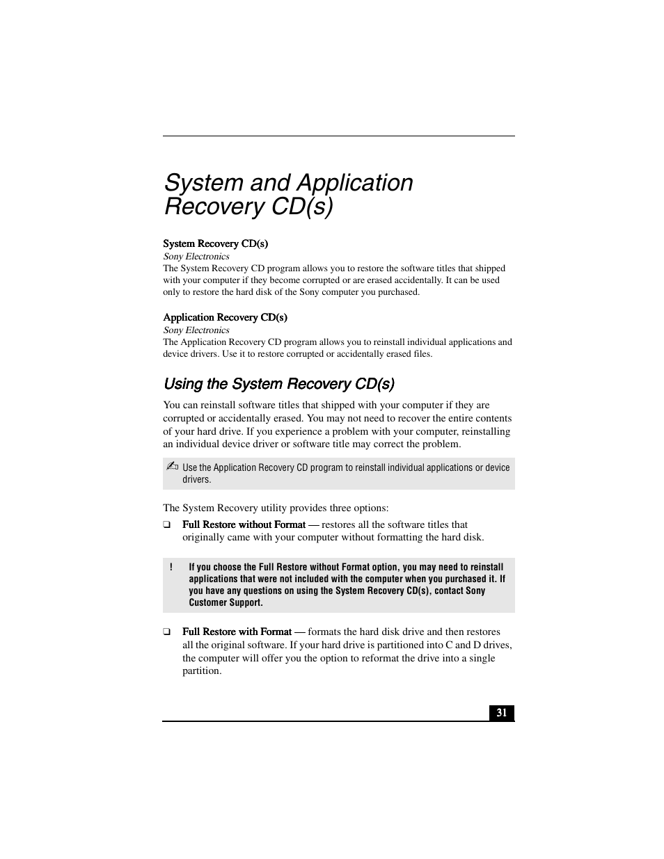 System and application recovery cd(s), Using the system recovery cd(s) | Sony PCV-R556DS User Manual | Page 31 / 62
