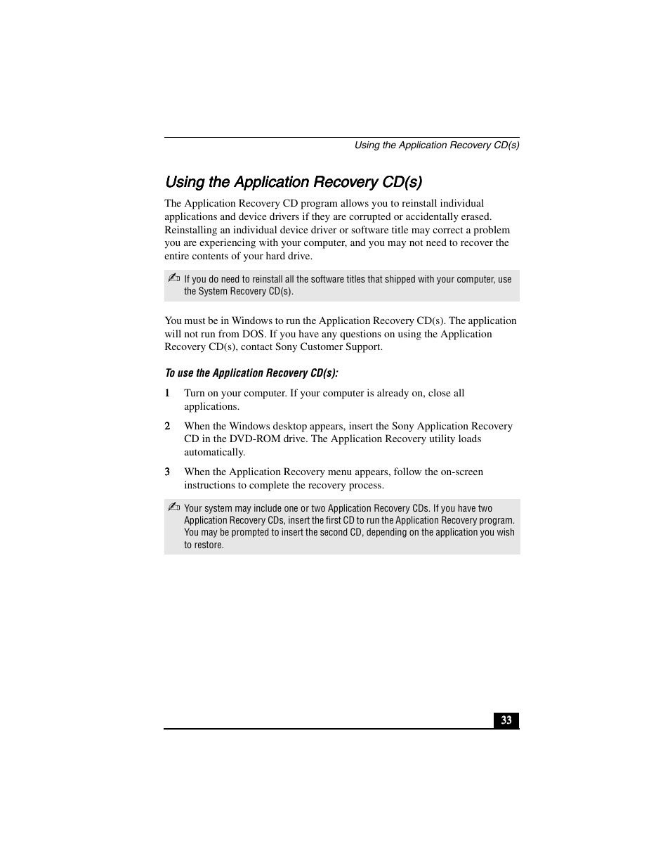 Using the application recovery cd(s) | Sony PCV-R556DS User Manual | Page 33 / 62