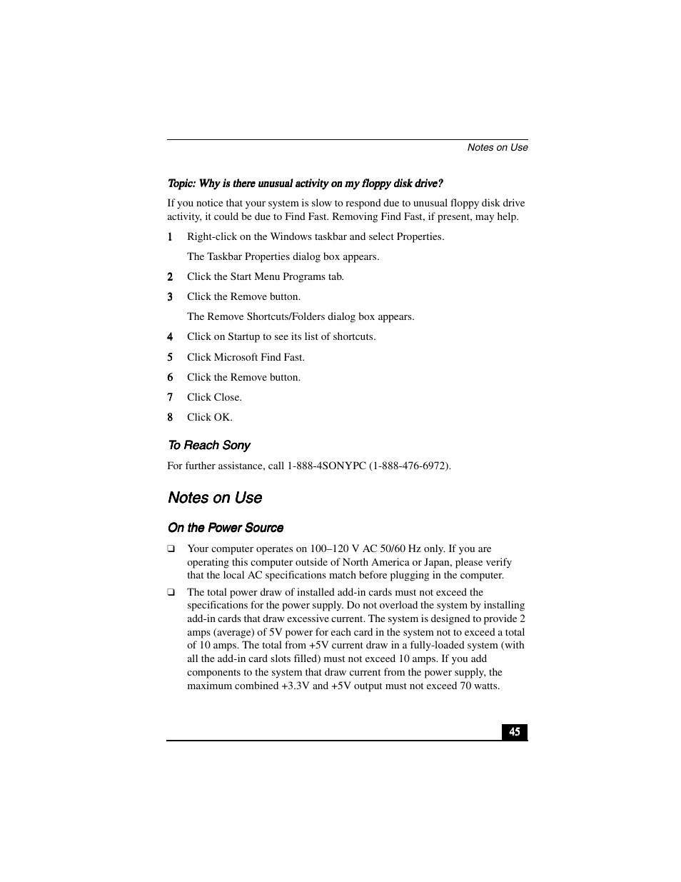 To reach sony, Notes on use, On the power source | Sony PCV-R556DS User Manual | Page 45 / 62