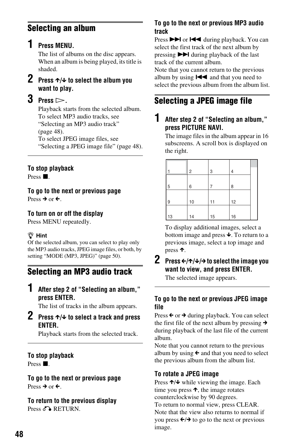 Selecting an album, Selecting an mp3 audio track, Selecting a jpeg image file | Sony DVP-NS708H User Manual | Page 48 / 72