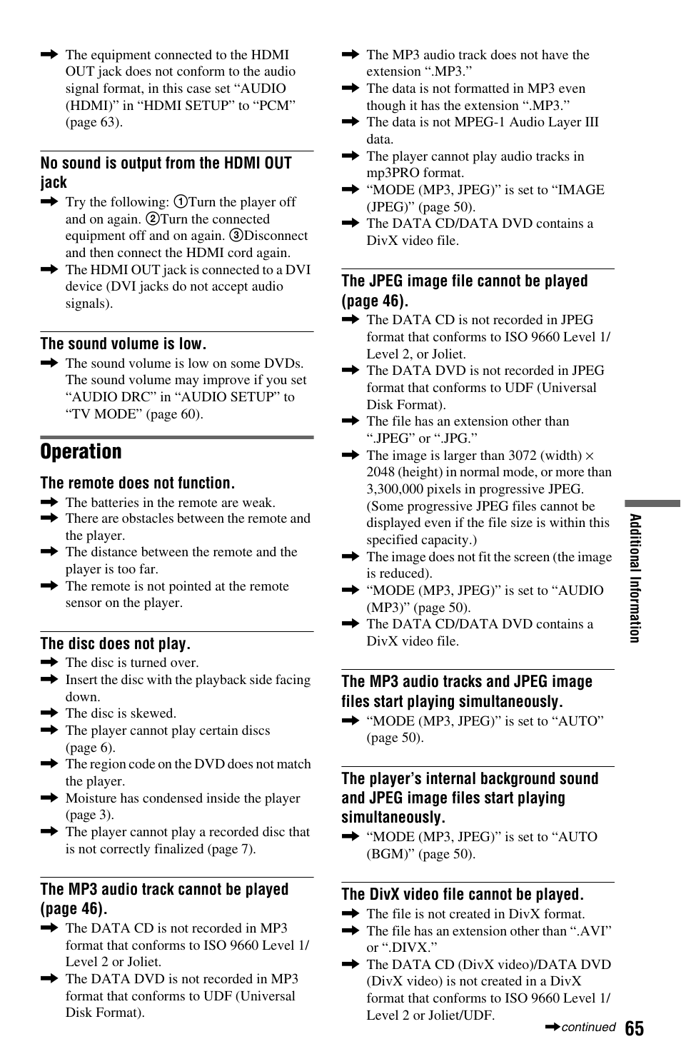 Operation | Sony DVP-NS708H User Manual | Page 65 / 72