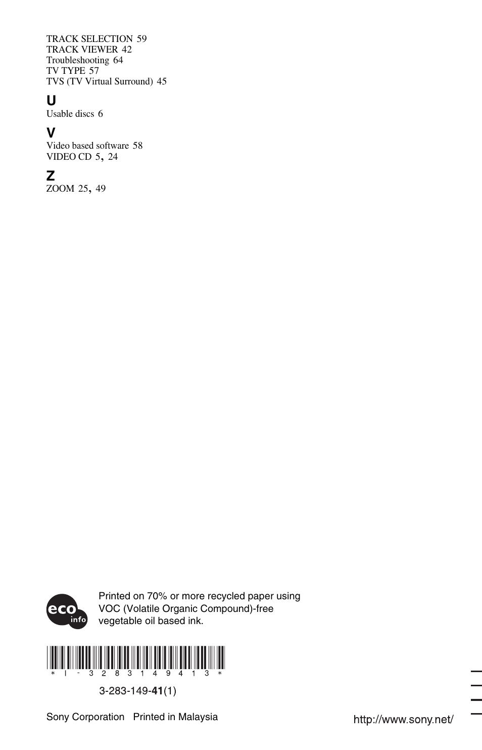 Grouptitlesix - u, Grouptitlesix - v, Grouptitlesix - z | Sony DVP-NS708H User Manual | Page 72 / 72