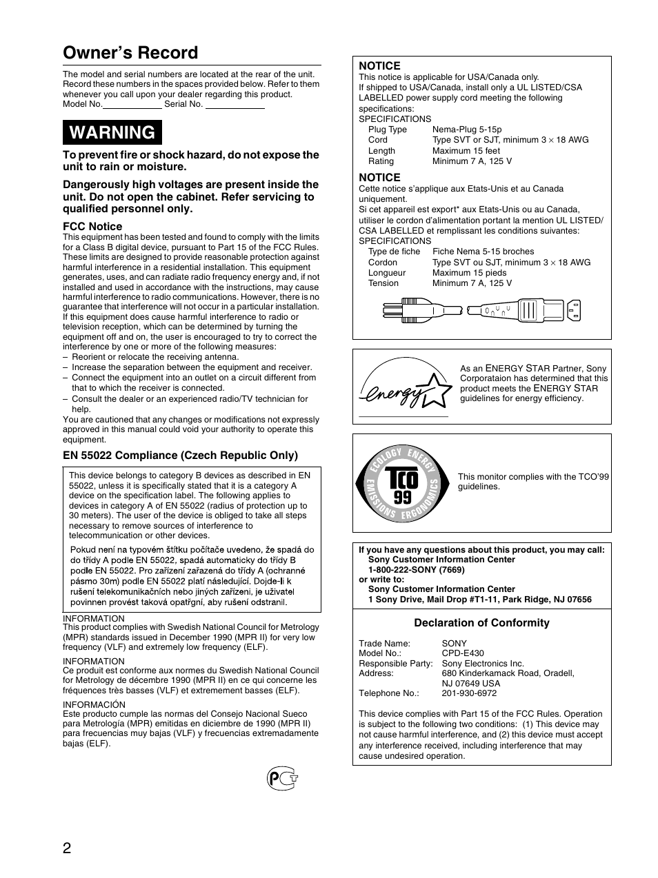 Owner’s record, Warning | Sony CPD-E430 User Manual | Page 2 / 52