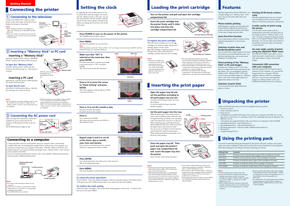 Setting the clock, Unpacking the printer, Using the printing pack | Loading the print cartridge, Inserting the print paper, Connecting the printer, Features, 1 connecting to the television, 3 connecting the ac power cord, Connecting to a computer | Sony DPPSV55 User Manual | Page 2 / 2