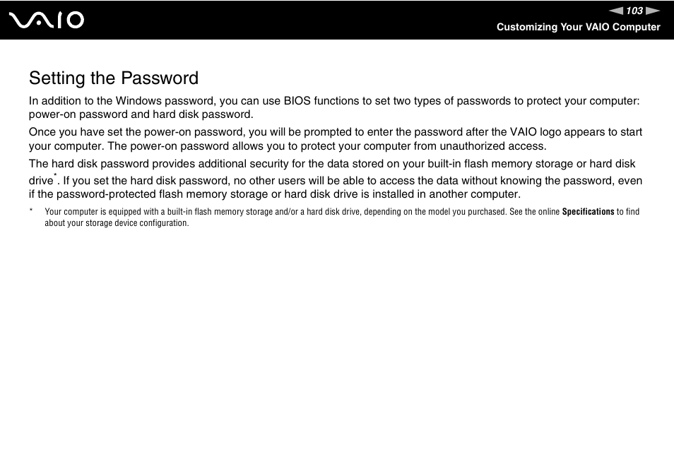 Setting the password | Sony VGN-TZ10 User Manual | Page 103 / 226