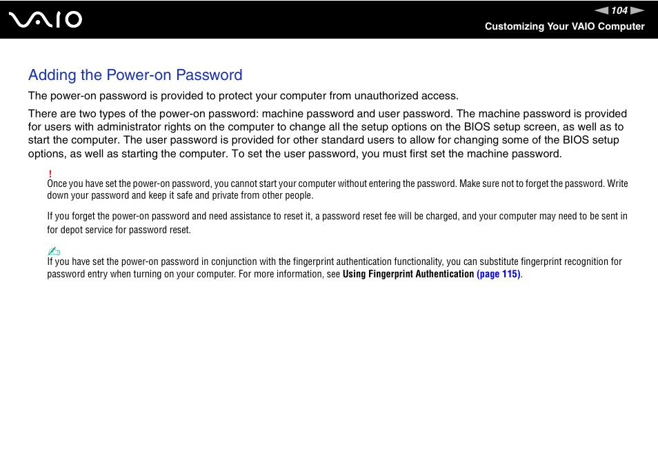 Adding the power-on password | Sony VGN-TZ10 User Manual | Page 104 / 226