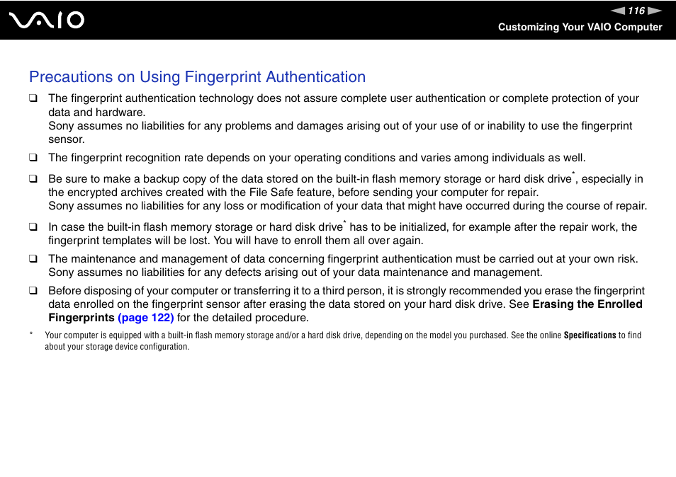 Precautions on using fingerprint authentication | Sony VGN-TZ10 User Manual | Page 116 / 226