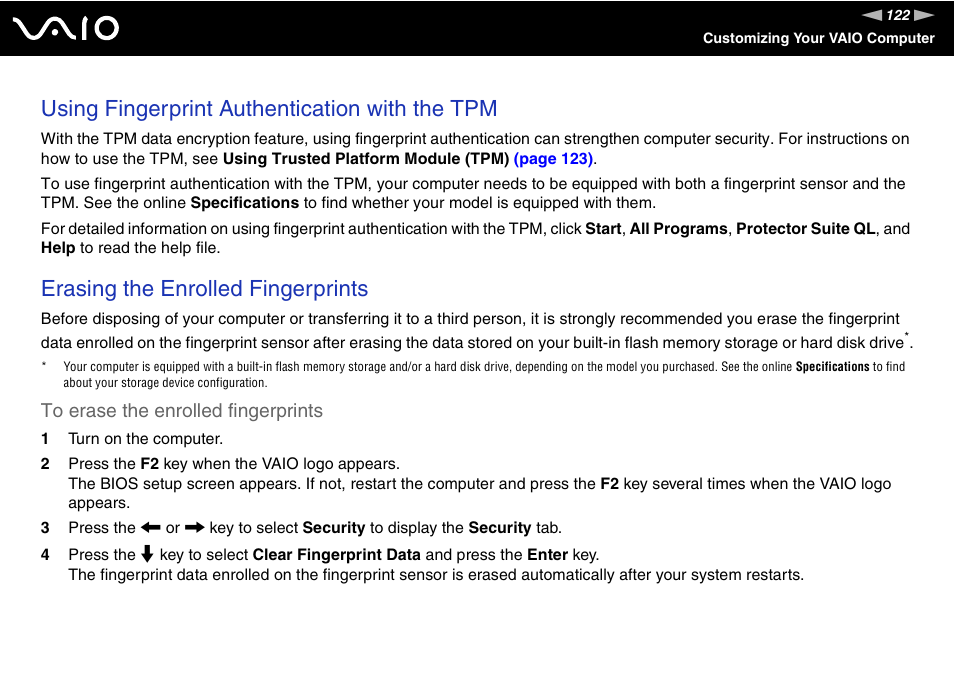 Using fingerprint authentication with the tpm, Erasing the enrolled fingerprints | Sony VGN-TZ10 User Manual | Page 122 / 226