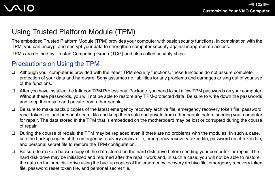 Using trusted platform module (tpm), Precautions on using the tpm | Sony VGN-TZ10 User Manual | Page 123 / 226
