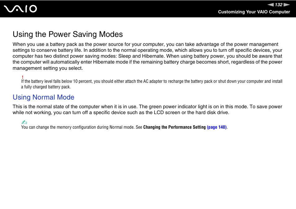 Using the power saving modes, Using normal mode | Sony VGN-TZ10 User Manual | Page 132 / 226