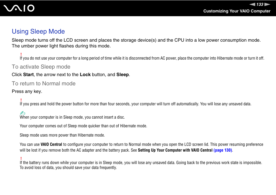 Using sleep mode | Sony VGN-TZ10 User Manual | Page 133 / 226