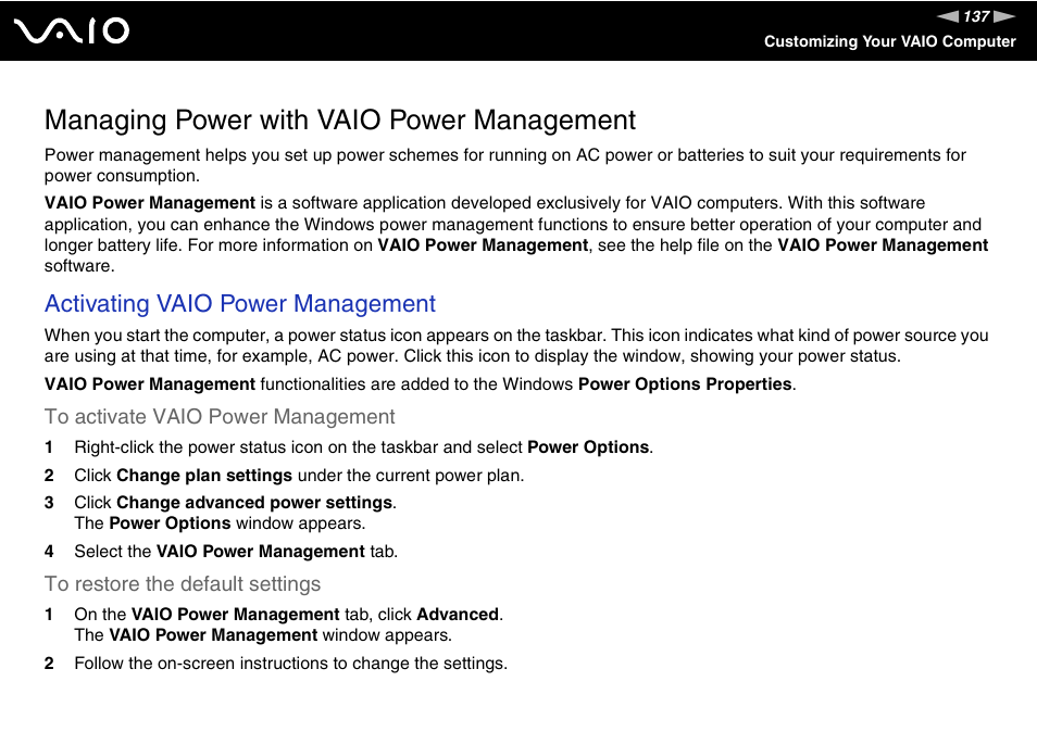 Managing power with vaio power management, Activating vaio power management | Sony VGN-TZ10 User Manual | Page 137 / 226