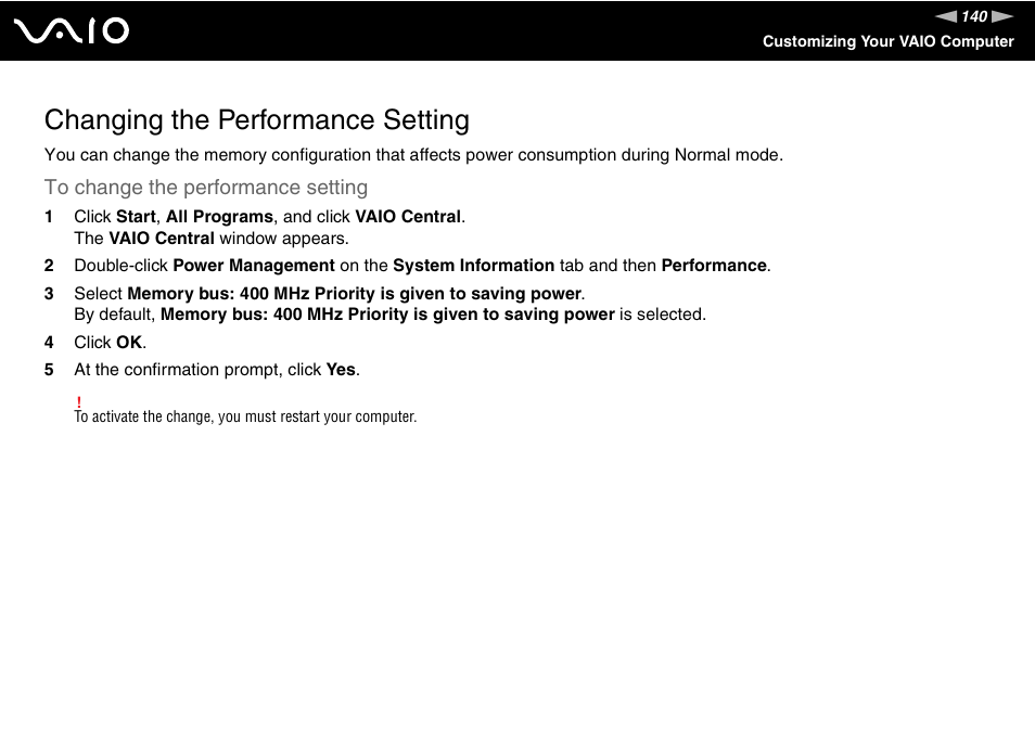 Changing the performance setting, Tting | Sony VGN-TZ10 User Manual | Page 140 / 226