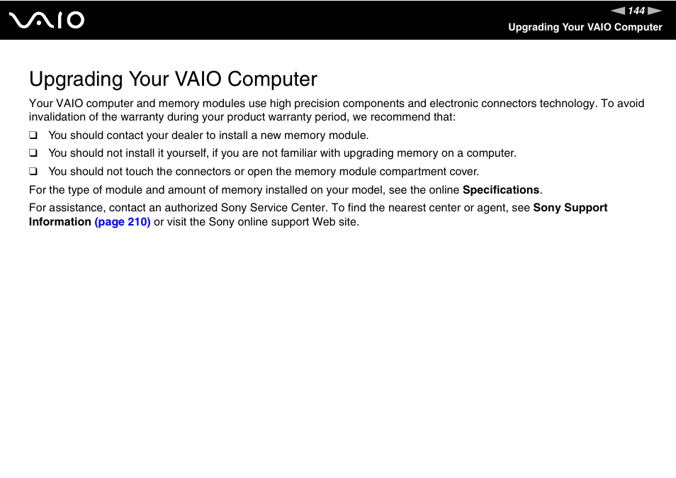 Upgrading your vaio computer | Sony VGN-TZ10 User Manual | Page 144 / 226