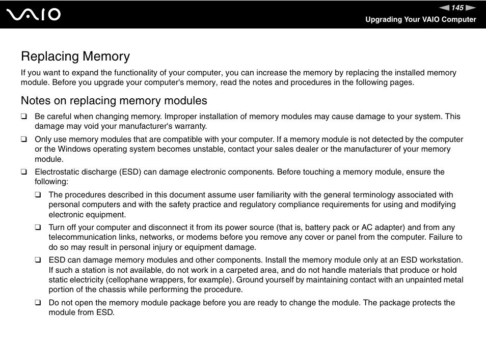 Replacing memory | Sony VGN-TZ10 User Manual | Page 145 / 226