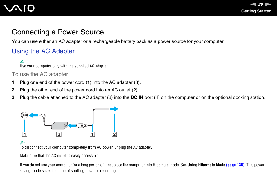 Connecting a power source, Using the ac adapter | Sony VGN-TZ10 User Manual | Page 20 / 226