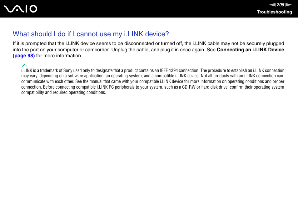 What should i do if i cannot use my i.link device | Sony VGN-TZ10 User Manual | Page 205 / 226
