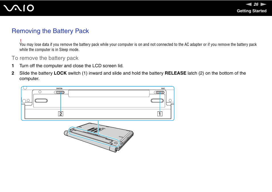 Removing the battery pack | Sony VGN-TZ10 User Manual | Page 26 / 226