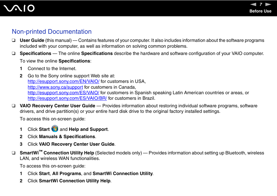 Non-printed documentation | Sony VGN-TZ10 User Manual | Page 7 / 226