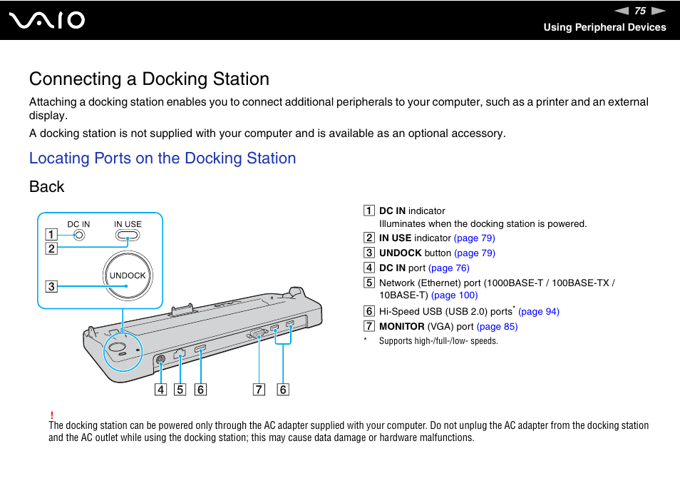 Connecting a docking station, Locating ports on the docking station back | Sony VGN-TZ10 User Manual | Page 75 / 226