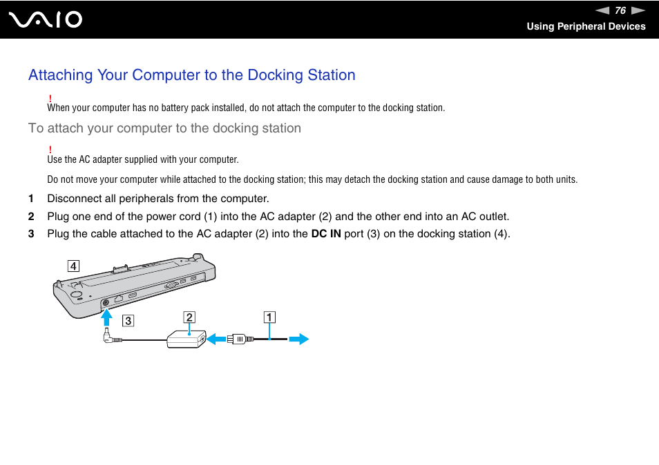 Attaching your computer to the docking station | Sony VGN-TZ10 User Manual | Page 76 / 226