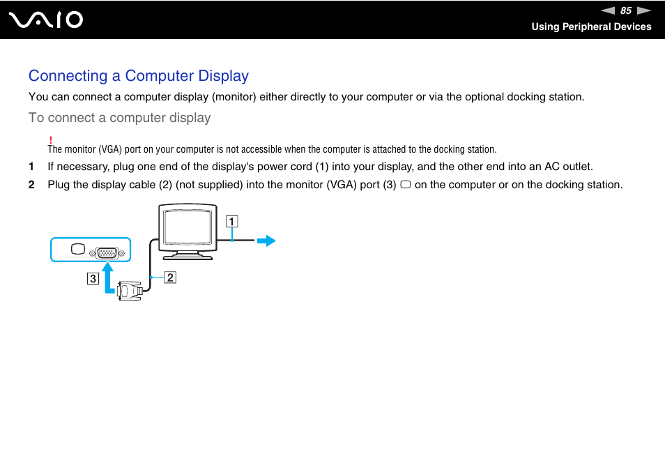 Connecting a computer display | Sony VGN-TZ10 User Manual | Page 85 / 226