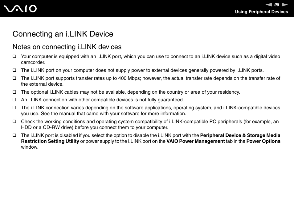 Connecting an i.link device | Sony VGN-TZ10 User Manual | Page 98 / 226