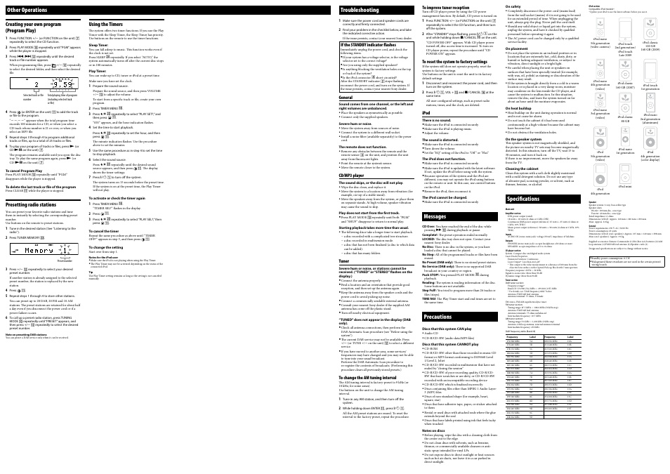 Other operations, Troubleshooting, Messages | Precautions, Specifications | Sony CMT-BX77DBi User Manual | Page 2 / 2