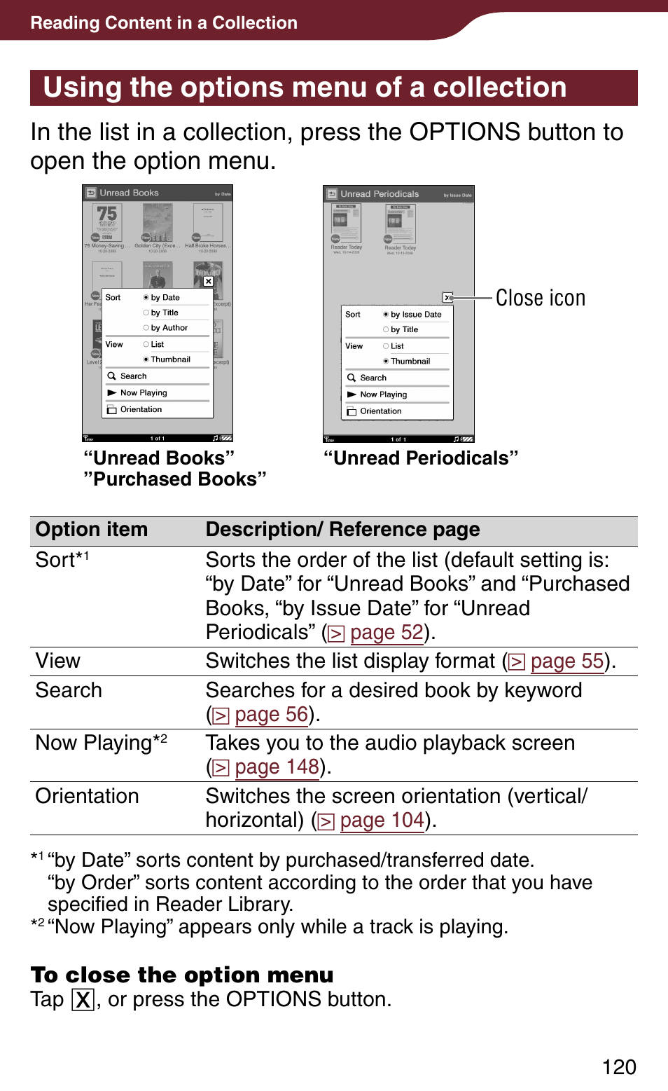 Using the options menu of a collection, Using the options menu of a collection 0 | Sony Reader Daily Edition PRS-900BC User Manual | Page 120 / 202