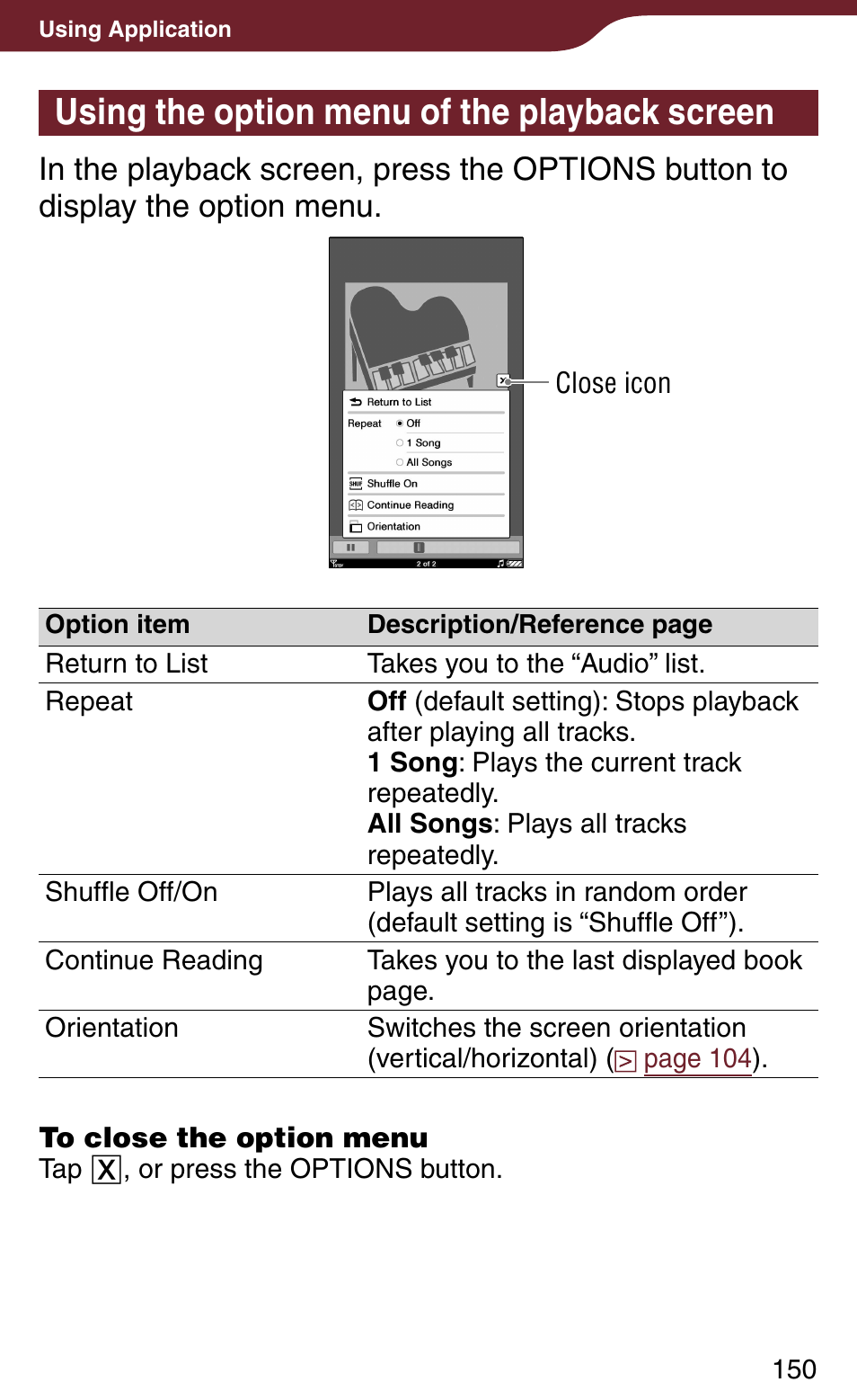 Using the option menu of the playback screen | Sony Reader Daily Edition PRS-900BC User Manual | Page 150 / 202