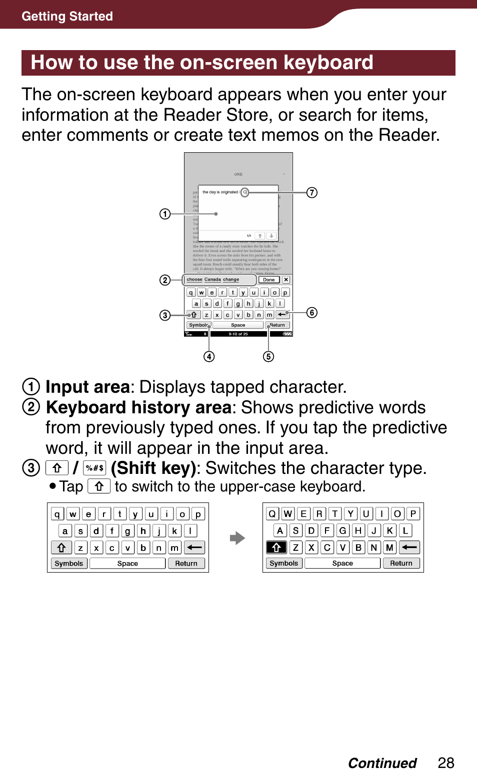 How to use the on-screen keyboard | Sony Reader Daily Edition PRS-900BC User Manual | Page 28 / 202