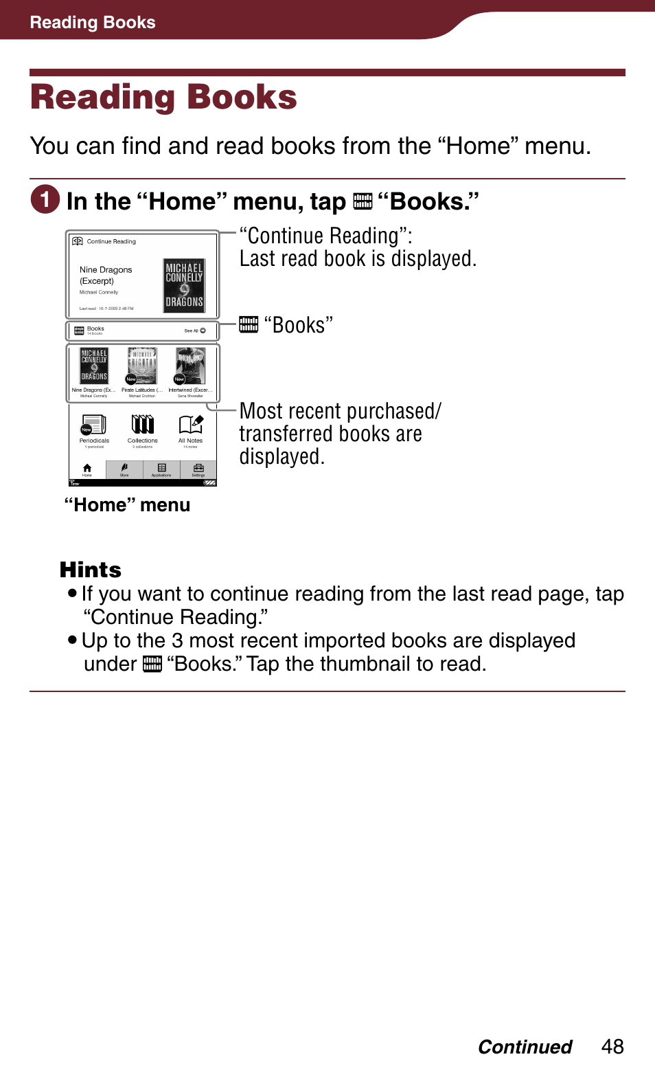 Reading books | Sony Reader Daily Edition PRS-900BC User Manual | Page 48 / 202